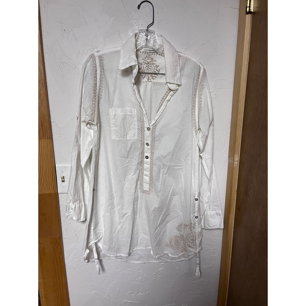 Subtle Luxury White Embroidered Cotton‎ Tunic Shirt Top Long Sleeve Size S M
